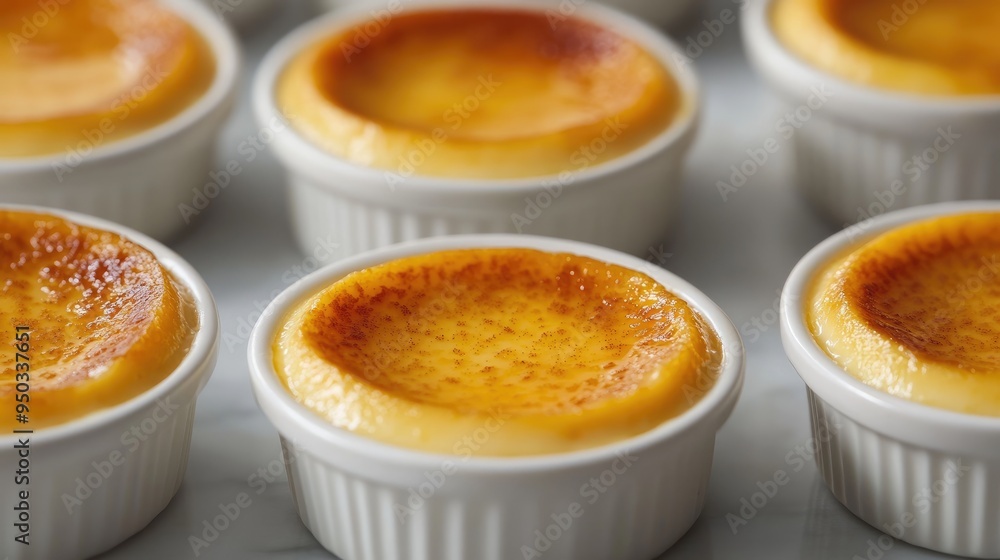 Egg custard or flan in individual ramekins, with a caramelized top and creamy texture, ready for dessert