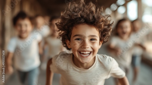 A joyful young child with curly hair runs towards the camera, laughing, with other children in the background, capturing a moment of sheer joy and happiness in motion.