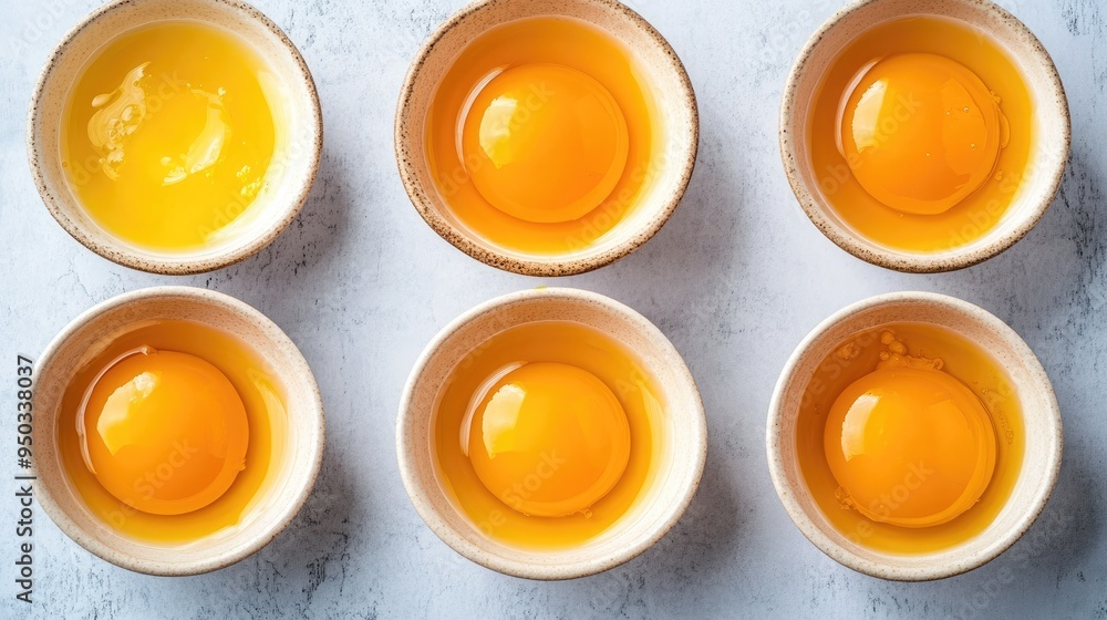 Egg yolks separated from whites and placed in small bowls, showcasing the preparation for a recipe or baking.