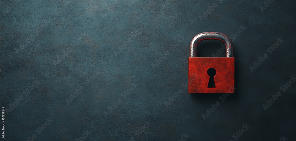 Fototapeta premium A vintage red padlock on a textured dark background, symbolizing security and privacy concepts in a minimalist style.