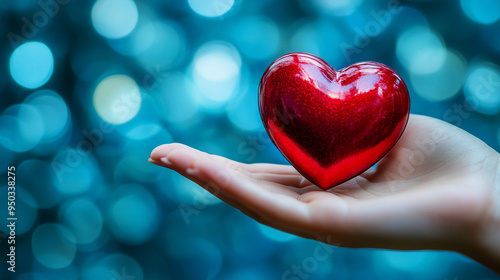 hand gently holds a 3D heart against a blurred background, symbolizing love, care, and compassion. The empty space invites interpretations of hope and emotional connection