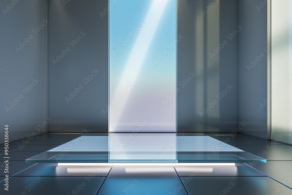 A glass podium that creates the effect of a floating space to showcase new products A glass podium that creates the effect of a floating space to showcase new products
