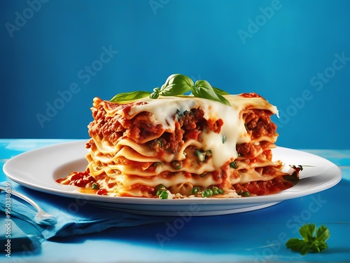 Delicious Lasagna Bolognese, featuring layers of tender pasta, rich tomato sauce, savory ground beef, and melted cheese photo