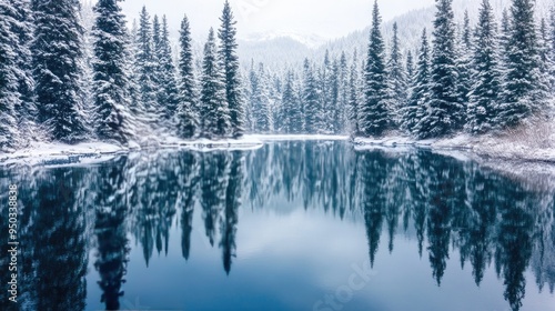 Evergreen trees with snow-covered branches reflected in a calm, icy lake, creating a peaceful winter scene.