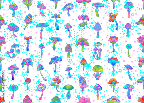 Magic mushrooms and stars seamless pattern. Psychedelic hallucination. 60s hippie colorful art. Vintage psychedelic textile, fabric, wrapping, wallpaper. Vector repeating illustration.