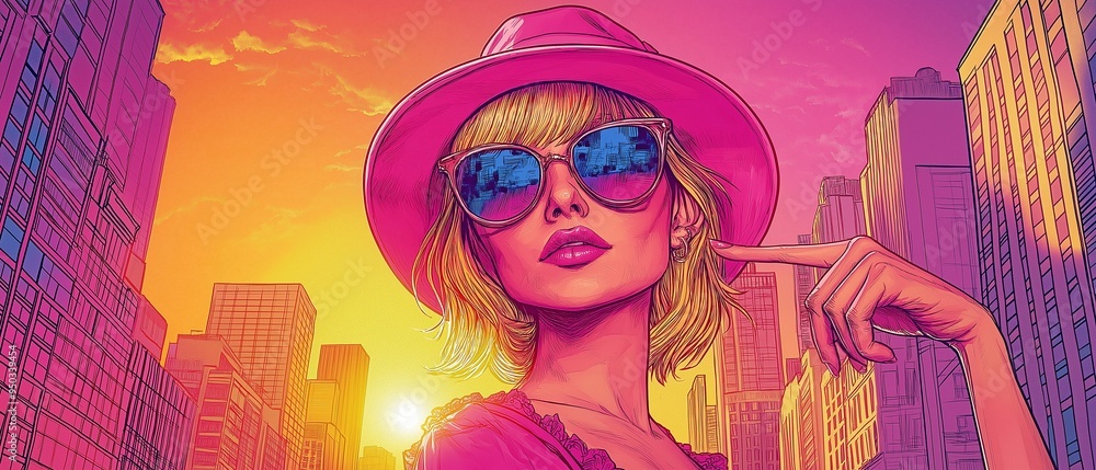 illustration of a stylish woman in a red hat and dress set against the backdrop of a city skyline at dusk. illustration of a stylish woman in a red hat and dress set against the backdrop of a city skyline at dusk.