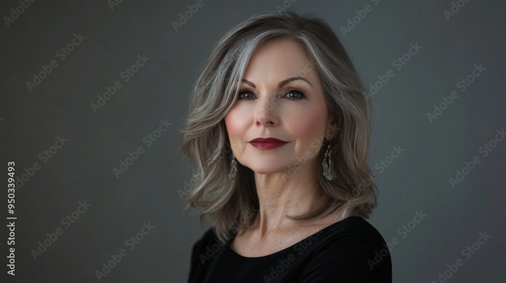 A portrait of a 50-year-old woman with elegant makeup and styled hair, showcasing her sophisticated and polished appearance with a modern, neutral background. A portrait of a 50-year-old woman with elegant makeup and styled hair, showcasing her sophisticated and polished appearance with a modern, neutral background.
