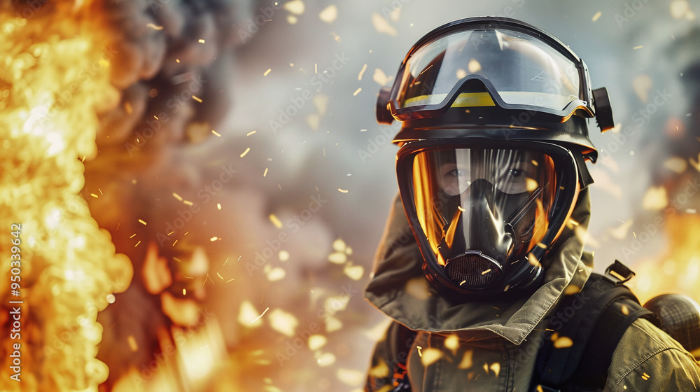 a firefighter's portrait in action, with a background of flames and smoke a firefighter's portrait in action, with a background of flames and smoke