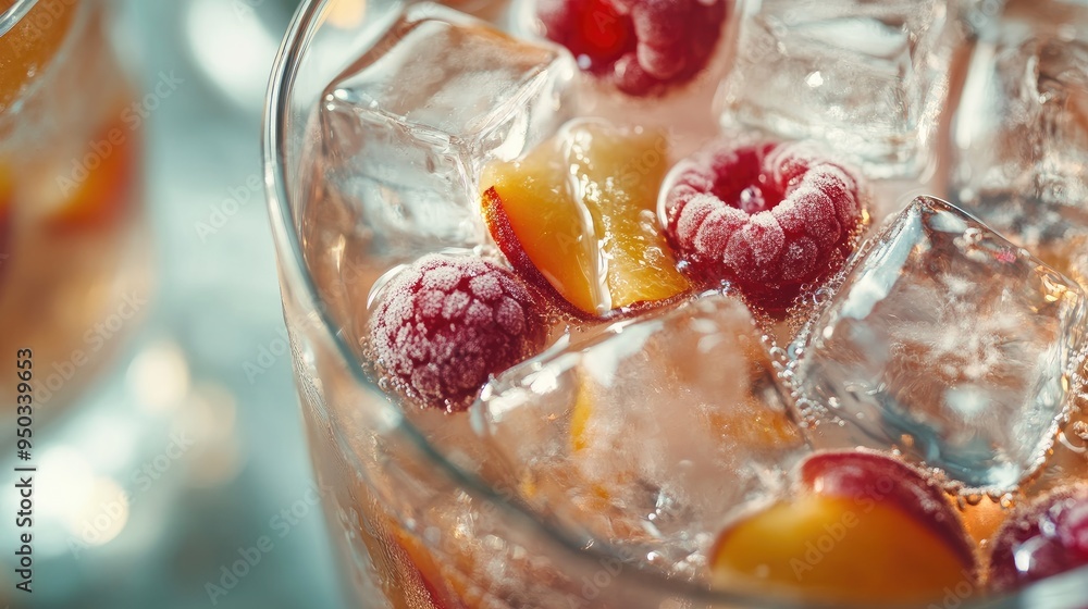 Floating ice cubes with embedded fruit slices in a clear glass of chilled fruit punch or cocktail. Floating ice cubes with embedded fruit slices in a clear glass of chilled fruit punch or cocktail.
