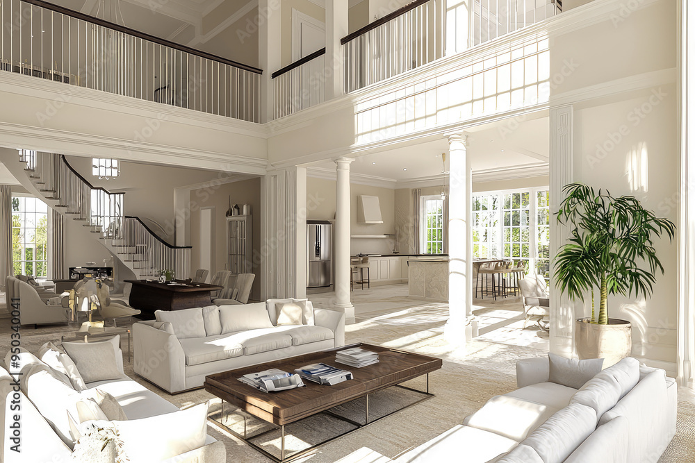 Fototapeta premium Explore the Elegance of a Sunlit Open-Plan Living Area, Fusing Comfort and Style in a Stunning Modern Home Design.