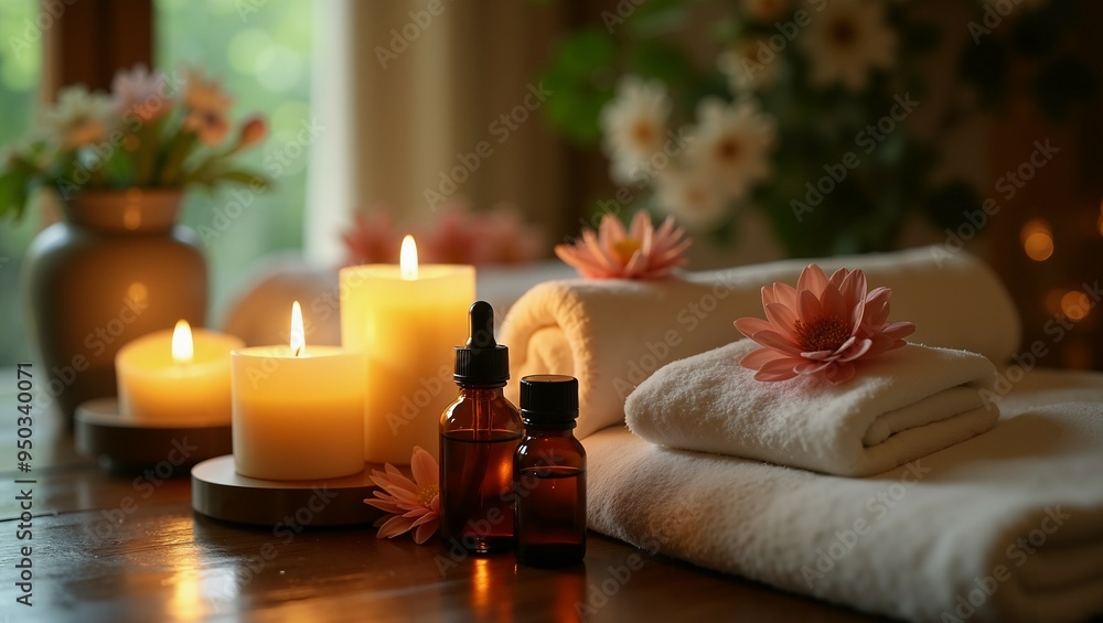 Spa Relaxation with Candles, Essential Oils, and Towels Spa Relaxation with Candles, Essential Oils, and Towels