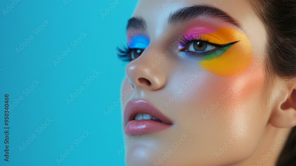 A portrait of a woman with a creative and colorful makeup look, featuring vibrant eyeshadows and artistic designs, set against a simple background to emphasize the boldness of her makeup. A portrait of a woman with a creative and colorful makeup look, featuring vibrant eyeshadows and artistic designs, set against a simple background to emphasize the boldness of her makeup.