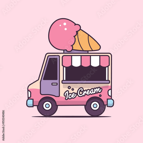 Cute ice cream truck vector cartoon illustration