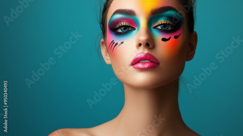 Wallpaper Mural A portrait of a woman with a creative and colorful makeup look, featuring vibrant eyeshadows and artistic designs, set against a simple background to emphasize the boldness of her makeup. Torontodigital.ca