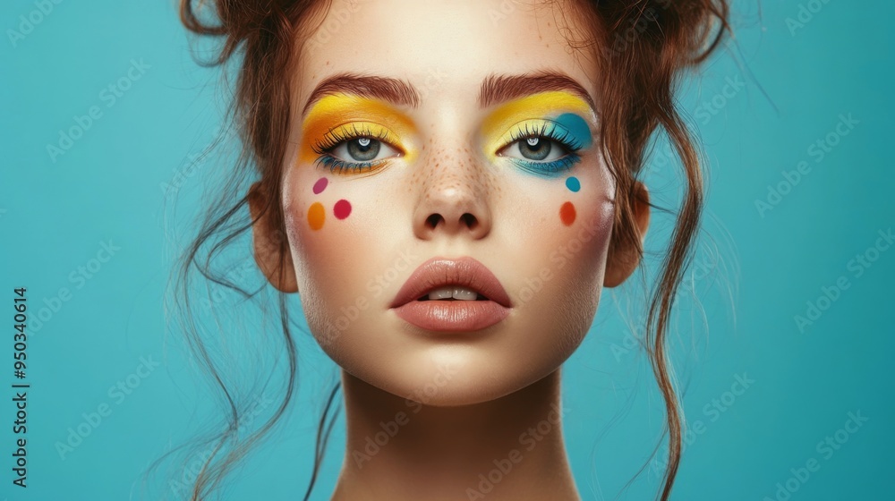 A portrait of a woman with a creative and colorful makeup look, featuring vibrant eyeshadows and artistic designs, set against a simple background to emphasize the boldness of her makeup. A portrait of a woman with a creative and colorful makeup look, featuring vibrant eyeshadows and artistic designs, set against a simple background to emphasize the boldness of her makeup.
