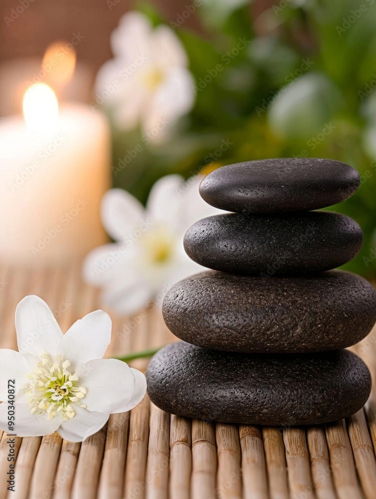 A calming spa scene with hot stones arranged on a bamboo surface, surrounded by fresh flowers, with gentle, diffused light A calming spa scene with hot stones arranged on a bamboo surface, surrounded by fresh flowers, with gentle, diffused light