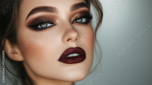 A portrait of a woman with a glamorous evening makeup look, featuring dramatic eye makeup and a bold lip color, set against a soft, neutral background for a striking effect.