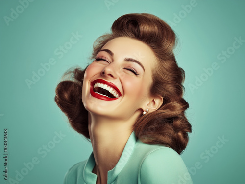 retro portrait of 1940s smiling woman with vintage hairstyle and makeup photo