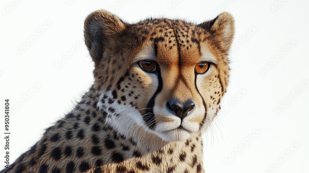A detailed and realistic close up of a cheetah, showcasing its sharp features and agile physique. The cheetah is positioned in front of a pure white backdrop, with bright, even A detailed and realistic close up of a cheetah, showcasing its sharp features and agile physique. The cheetah is positioned in front of a pure white backdrop, with bright, even