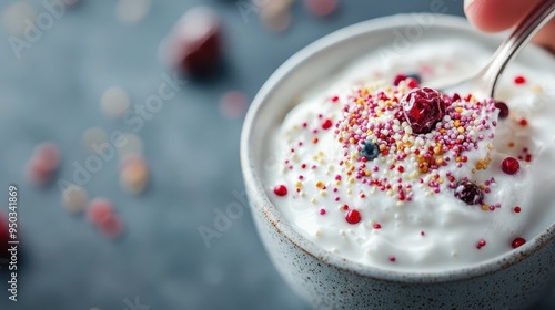 The image displays a bowl of creamy yogurt topped with vibrant, colorful sprinkles, creating an appetizing and visually appealing snack or dessert option.