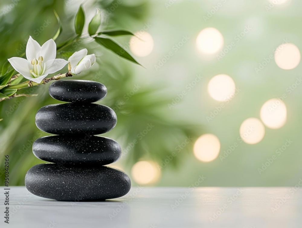 A peaceful spa setup with bamboo, flowers, and hot stones, all captured in soft, diffused light A peaceful spa setup with bamboo, flowers, and hot stones, all captured in soft, diffused light