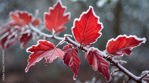 frosted branch with red leaves in a park setting