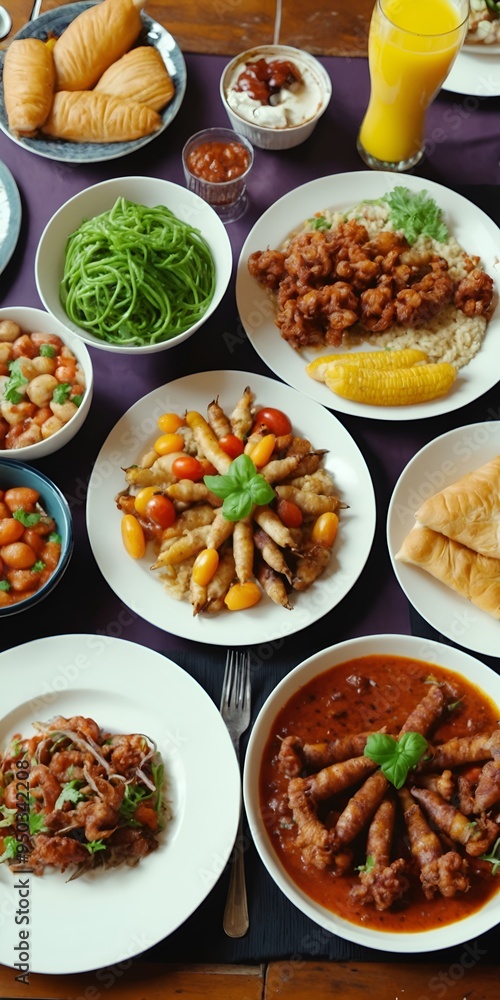 Table full of colorful food. Plates with delicious meal Table full of colorful food. Plates with delicious meal