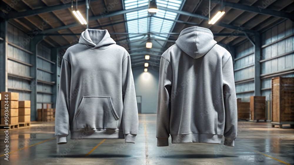 Fototapeta premium In a dimly lit industrial warehouse, a Cloud Grey Boxy Fit Long Sleeve Hoodie hangs eerily still, its front and back views contrasting warmly against the dark surroundings.