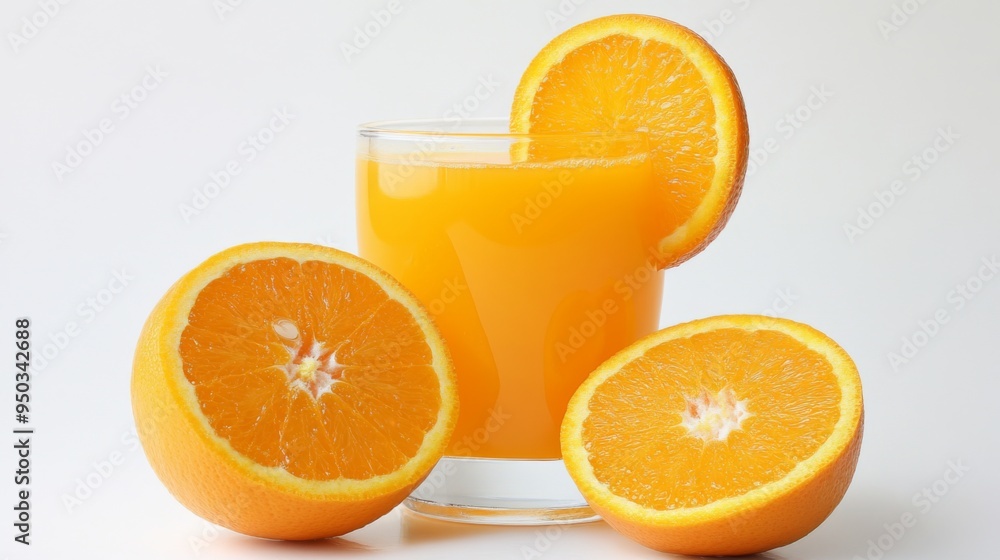 A refreshing glass of freshly squeezed orange juice on a white background, garnished with a slice of orange for a vibrant, healthy look. A refreshing glass of freshly squeezed orange juice on a white background, garnished with a slice of orange for a vibrant, healthy look.