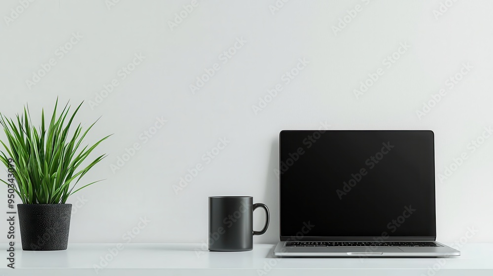 Fototapeta premium A minimalist office desk on a white background featuring a sleek laptop a stylish coffee mug and a single potted plant creating a clean and modern work environment