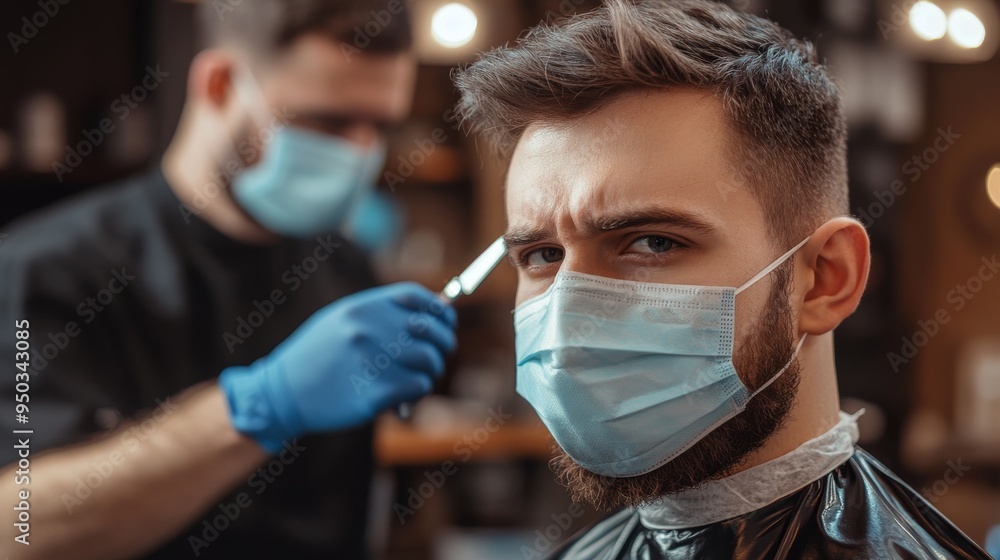 Man Getting Haircut with Barber Wearing Face Mask Man Getting Haircut with Barber Wearing Face Mask