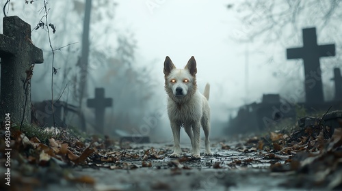 Ghost dog with glowing eyes, wandering through a foggy graveyard, haunting and eerie, Halloween animal spirit photo