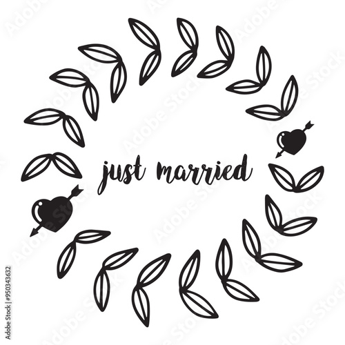 JUST MARRIED hand lettering, vector illustration. Hand drawn lettering card background. Modern handmade calligraphy. Hand drawn lettering element for your design in eps 10