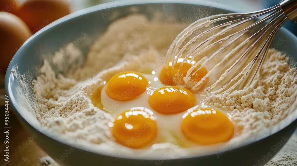 Raw eggs in a bowl with a whisk and flour, preparing for baking or cooking in a well-lit kitchen. Raw eggs in a bowl with a whisk and flour, preparing for baking or cooking in a well-lit kitchen.