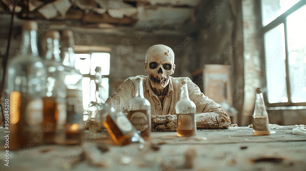 Zombie bartender in a ruined bar, eerie bottles, unsettling and grotesque, Halloween undead hospitality Zombie bartender in a ruined bar, eerie bottles, unsettling and grotesque, Halloween undead hospitality