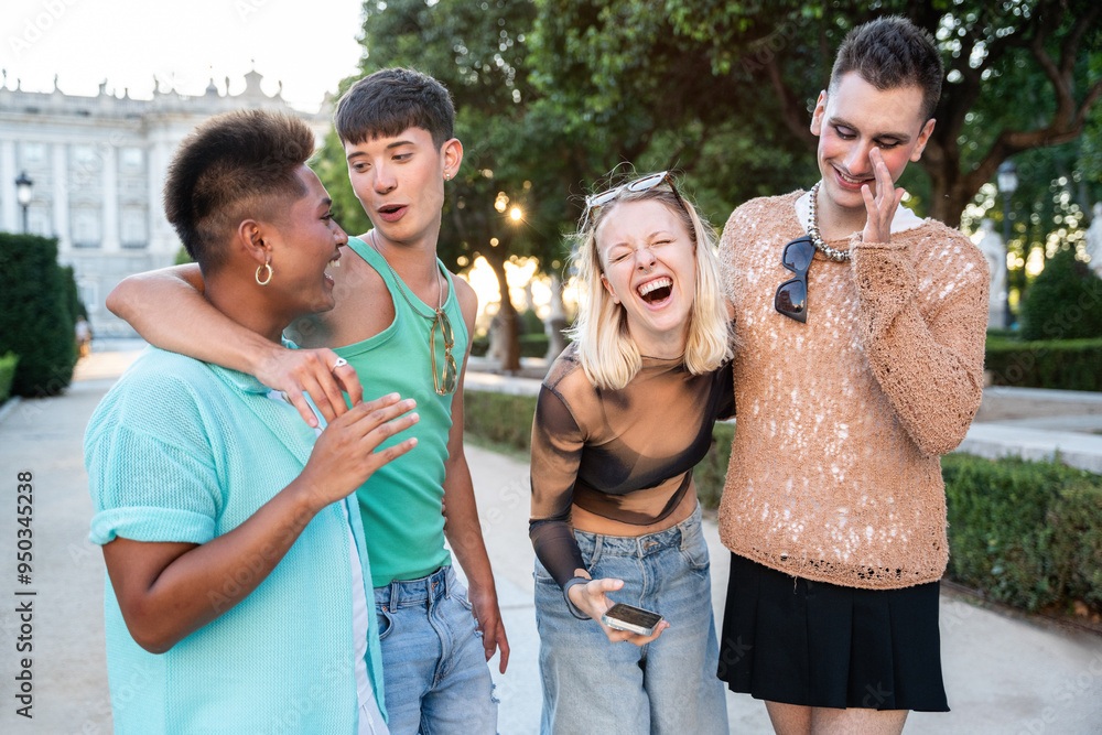 Joyful LGBTQIA+ friends sharing laughter in a park Joyful LGBTQIA+ friends sharing laughter in a park