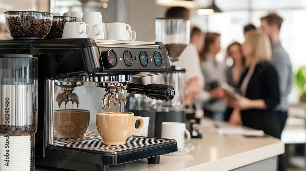Coffee machine in the office pantry with a line of employees waiting, Busy office break time, Coffee culture Coffee machine in the office pantry with a line of employees waiting, Busy office break time, Coffee culture