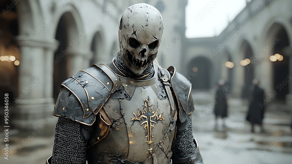 Zombie knight in a foggy castle, eerie armor, unsettling and grotesque, Halloween undead chivalry Zombie knight in a foggy castle, eerie armor, unsettling and grotesque, Halloween undead chivalry