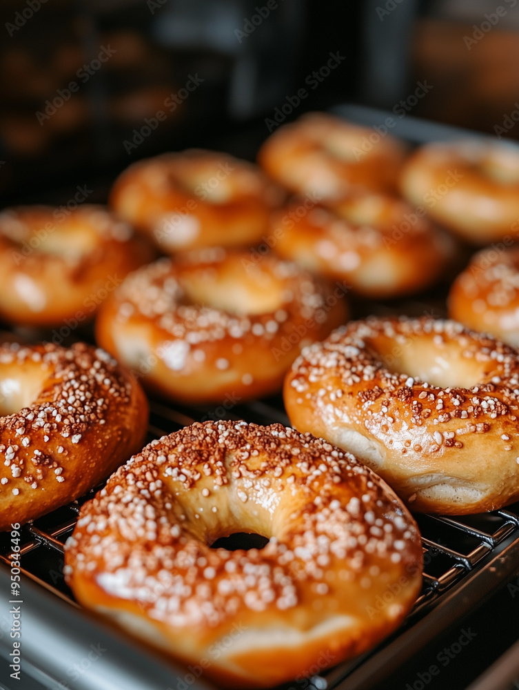 freshly baked bagels with sesame seeds on cooling rack freshly baked bagels with sesame seeds on cooling rack
