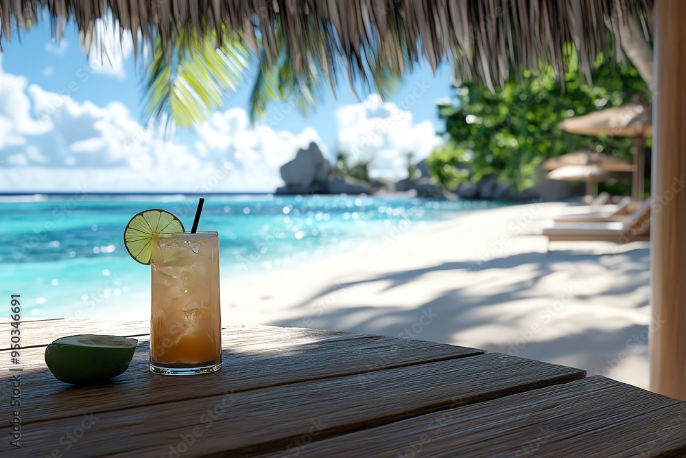 Forever Summer with a laid-back beach bar, depicted in an artwork where drinks are served under a thatched roof, with the ocean just steps away Forever Summer with a laid-back beach bar, depicted in an artwork where drinks are served under a thatched roof, with the ocean just steps away