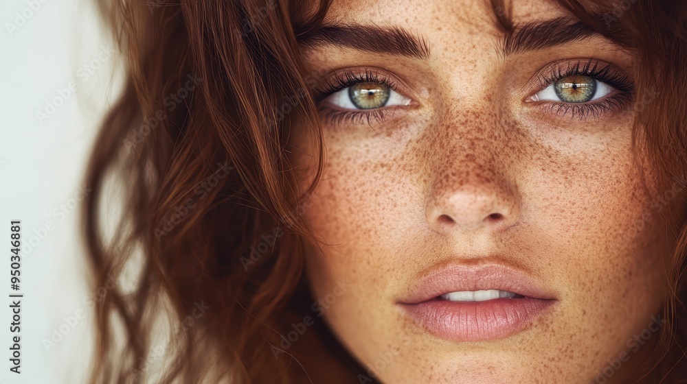 A close-up portrait of a woman with striking green eyes and prominent freckles, showcasing her expressive features and the texture of her skin in high detail. A close-up portrait of a woman with striking green eyes and prominent freckles, showcasing her expressive features and the texture of her skin in high detail.