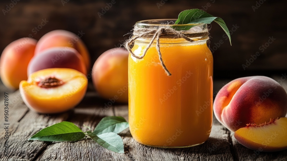 Soft peach juice in a glass jar with a twine bow, fresh peaches and green leaves around, on a rustic wooden table. Soft peach juice in a glass jar with a twine bow, fresh peaches and green leaves around, on a rustic wooden table.