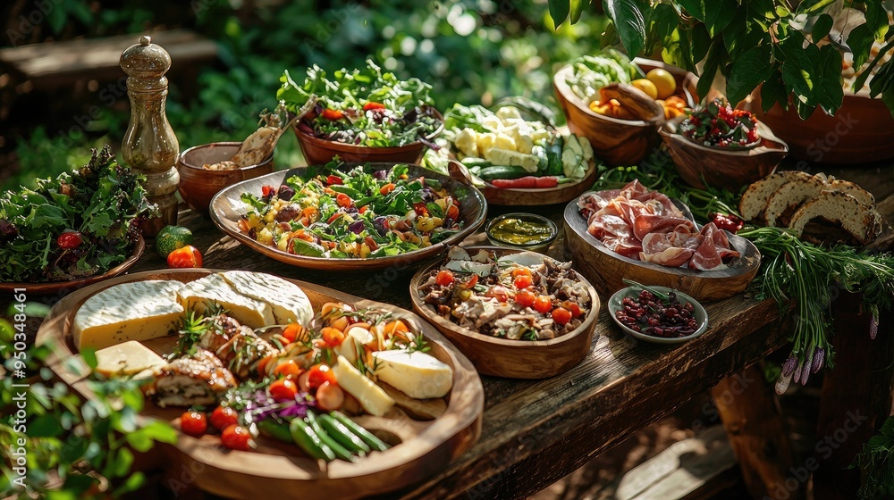Fototapeta premium A lavish spread of zero-carbohydrate gourmet dishes elegantly presented on a rustic wooden table, amidst a lush green garden. Each dishshowcases the art of low-carb living