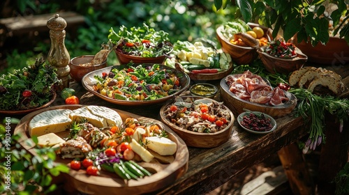 A lavish spread of zero-carbohydrate gourmet dishes elegantly presented on a rustic wooden table, amidst a lush green garden. Each dishshowcases the art of low-carb living