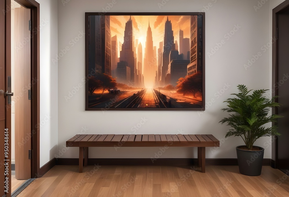 A framed poster with an Urban landscapes displayed on a wall in a hallway, with two wooden benches in the foreground, nature, industrial, sidewalk, snow, concept, wallpaper, background, stylish, moder A framed poster with an Urban landscapes displayed on a wall in a hallway, with two wooden benches in the foreground, nature, industrial, sidewalk, snow, concept, wallpaper, background, stylish, moder