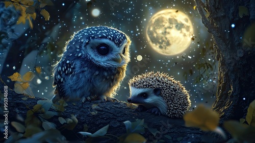 A little blue owl and a hedgehog sitting next to eachother in a lummy forest watching a star filled sky and a full moon a warm evening. Hyperrealistic. Detailed. photo