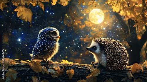 A little blue owl and a hedgehog sitting next to eachother in a lummy forest watching a star filled sky and a full moon a warm evening. Hyperrealistic. Detailed.