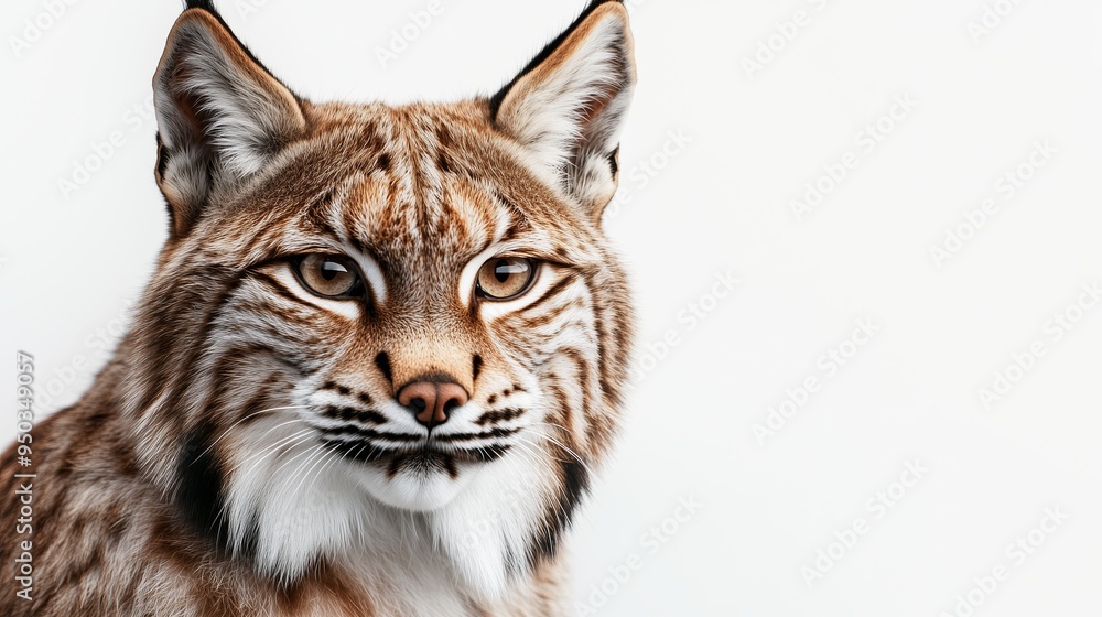 Obraz premium A detailed and realistic close up of a lynx, showcasing its piercing eyes and thick, spotted fur. The lynx is positioned in front of a pure white backdrop, with bright, even