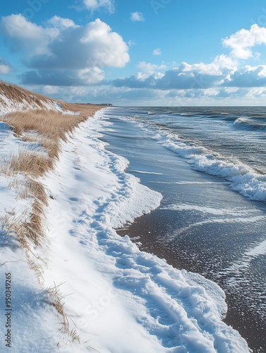 snowy beach along shoreline under cloudy sky photo