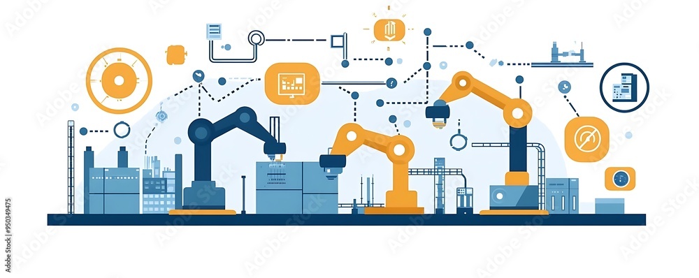 Industrial Automation Illustration - Smart Factory with Robotic Arms and Connected Systems Industrial Automation Illustration - Smart Factory with Robotic Arms and Connected Systems
